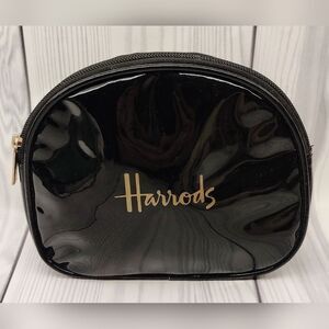 Harrods Glossy Black Patent Makeup Cosmetic Bag Case Gold Logo